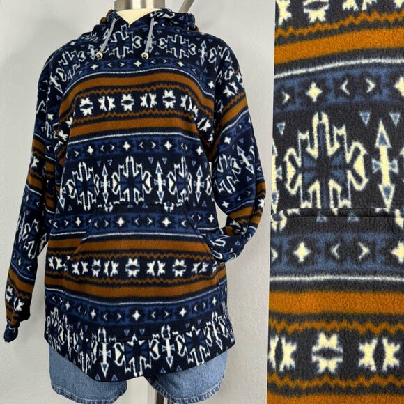 Vintage Southwesten Aztec Print Fleece Hoodie Blazer Brown White Brown X-Large - Picture 1 of 5